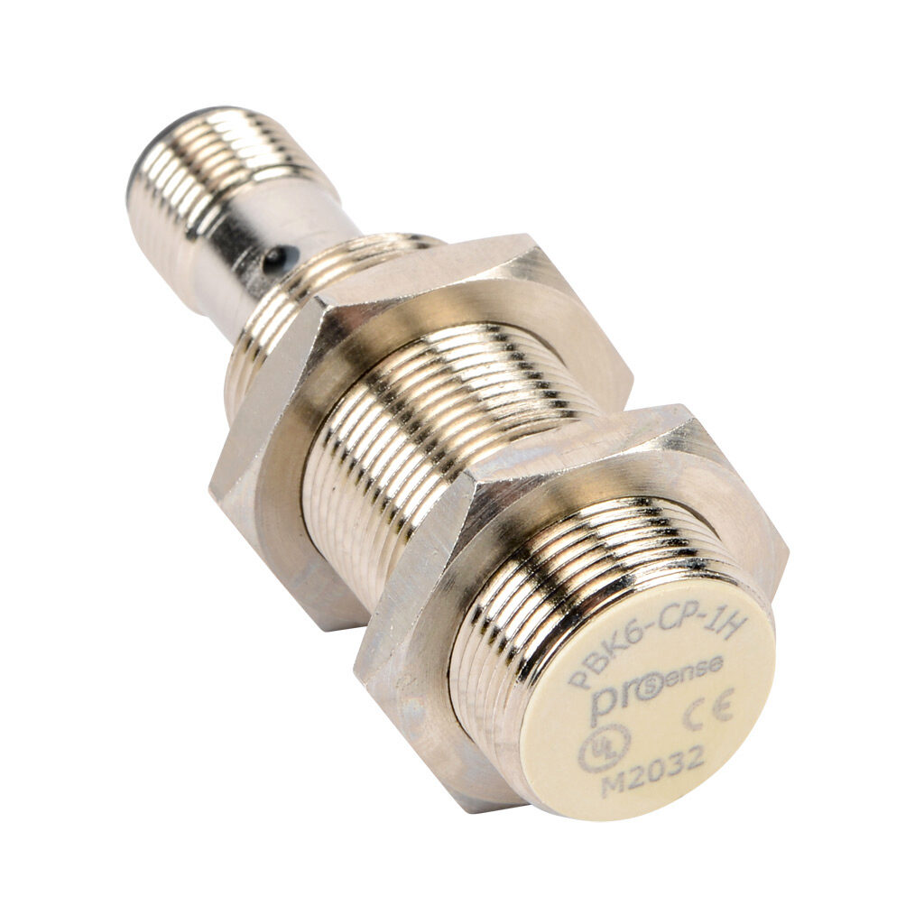 PBK6-CP-1H - ProSense inductive proximity sensor, tubular, 18mm diameter x 46.9mm body, nickel-plated brass housing, PNP, N.C. output, 5mm sensing distance, flush, 1000 Hz switching frequency, IP67, 4-pin M12 quick-disconnect.