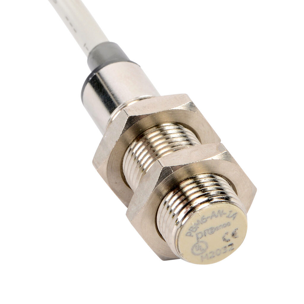 PBM6-AN-1A - ProSense inductive proximity sensor, tubular, 12mm diameter x 42.5mm body, nickel-plated brass housing, NPN, N.O. output, 2mm sensing distance, flush, 1000 Hz switching frequency, IP67, pigtail.