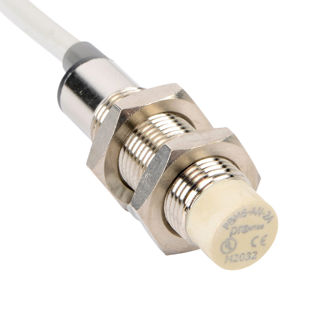 PBM6-AN-2A - ProSense inductive proximity sensor, tubular, 12mm diameter x 48mm body, nickel-plated brass housing, NPN, N.O. output, 4mm sensing distance, non-flush, 1000 Hz switching frequency, IP67, pigtail.