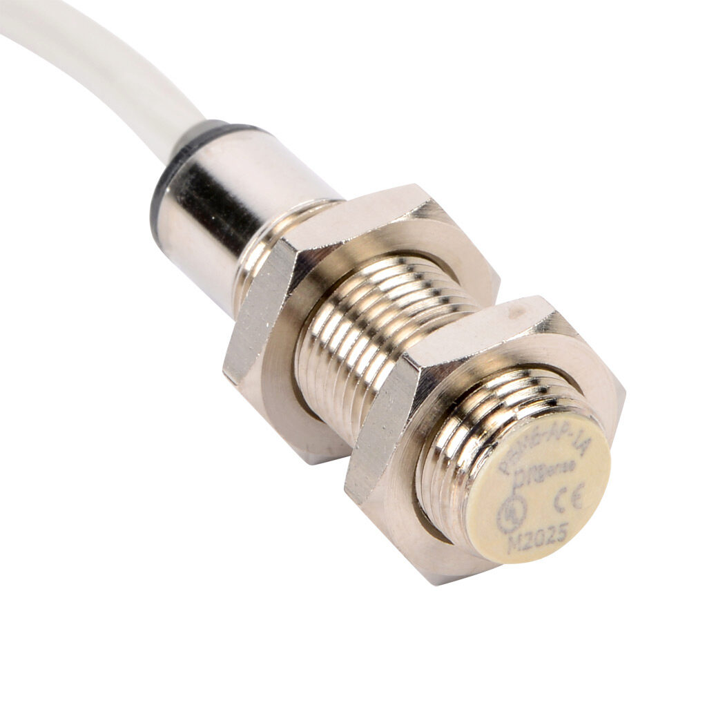 PBM6-AP-1A - ProSense inductive proximity sensor, tubular, 12mm diameter x 42.5mm body, nickel-plated brass housing, PNP, N.O. output, 2mm sensing distance, flush, 1000 Hz switching frequency, IP67, pigtail.