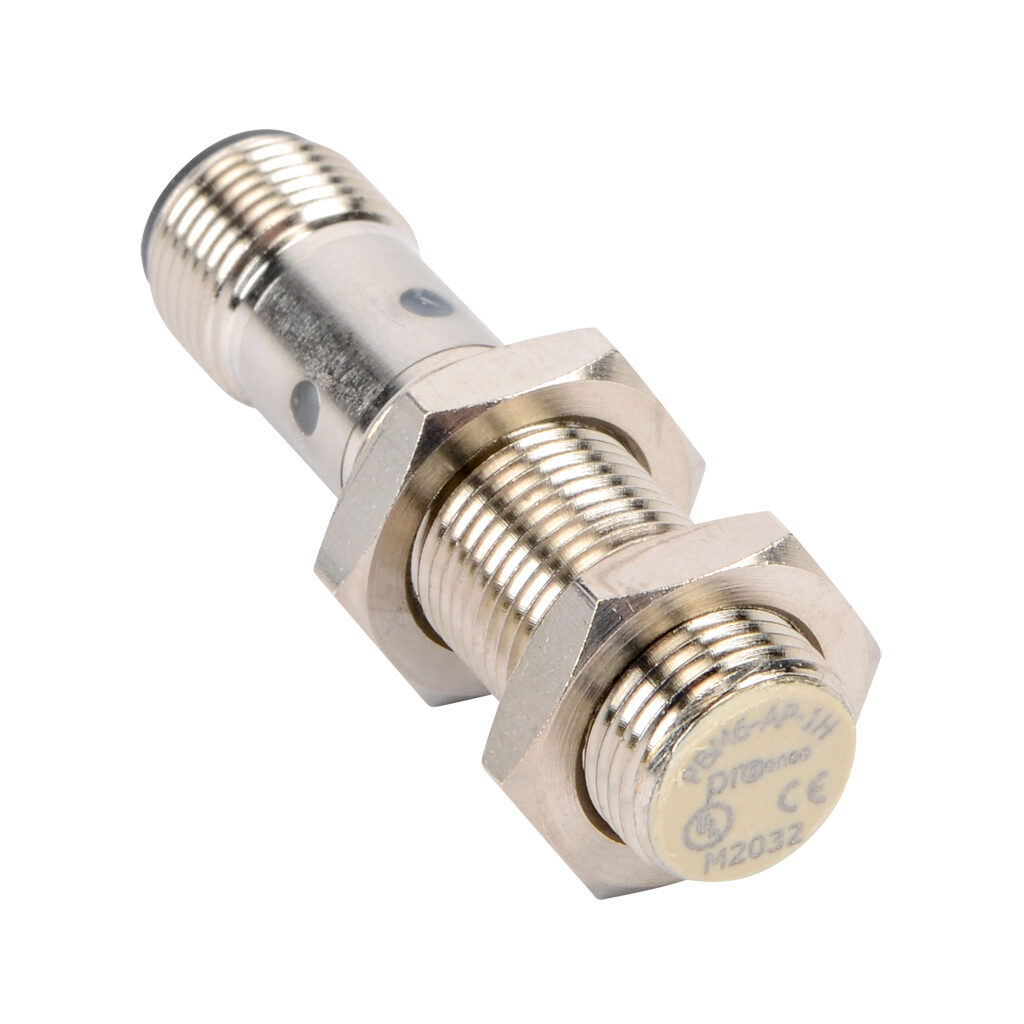 PBM6-AP-1H - ProSense inductive proximity sensor, tubular, 12mm diameter x 48.4mm body, nickel-plated brass housing, PNP, N.O. output, 2mm sensing distance, flush, 1000 Hz switching frequency, IP67, 4-pin M12 quick-disconnect.
