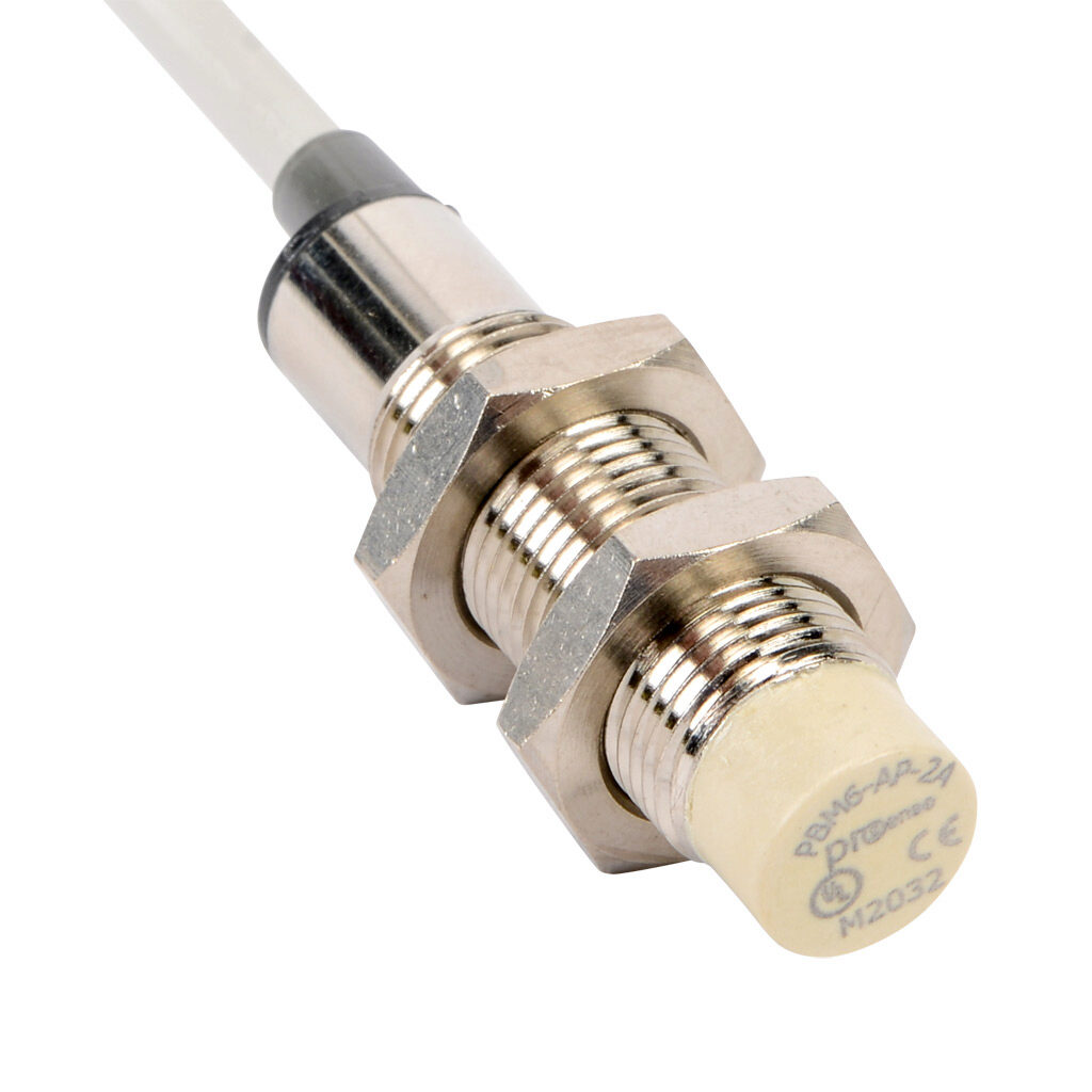 PBM6-AP-2A - ProSense inductive proximity sensor, tubular, 12mm diameter x 48mm body, nickel-plated brass housing, PNP, N.O. output, 4mm sensing distance, non-flush, 1000 Hz switching frequency, IP67, pigtail.