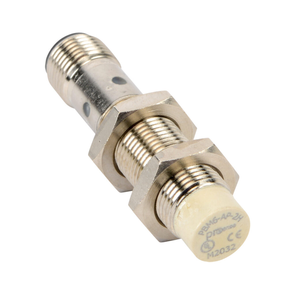 PBM6-AP-2H - ProSense inductive proximity sensor, tubular, 12mm diameter x 53.9mm body, nickel-plated brass housing, PNP, N.O. output, 4mm sensing distance, non-flush, 1000 Hz switching frequency, IP67, 4-pin M12 quick-disconnect.