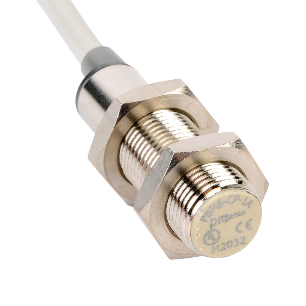 PBM6-CP-1A - ProSense inductive proximity sensor, tubular, 12mm diameter x 42.5mm body, nickel-plated brass housing, PNP, N.C. output, 2mm sensing distance, flush, 1000 Hz switching frequency, IP67, pigtail.