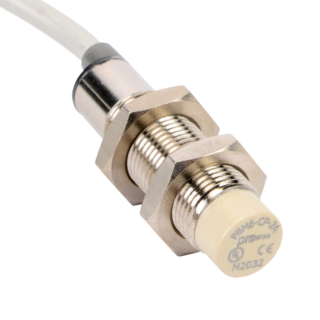 PBM6-CP-2A - ProSense inductive proximity sensor, tubular, 12mm diameter x 48mm body, nickel-plated brass housing, PNP, N.C. output, 4mm sensing distance, non-flush, 1000 Hz switching frequency, IP67, pigtail.