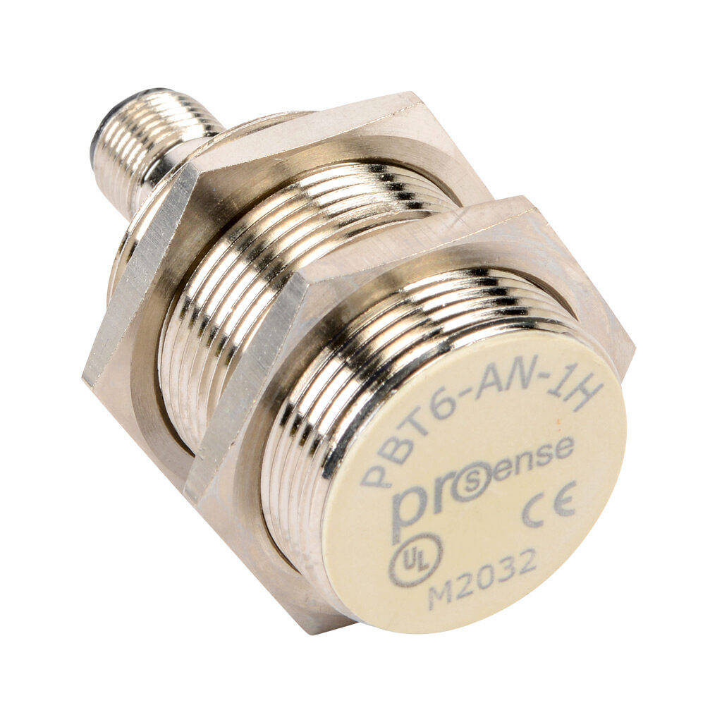 PBT6-AN-1H - ProSense inductive proximity sensor, tubular, 30mm diameter x 67.7mm body, nickel-plated brass housing, NPN, N.O. output, 10mm sensing distance, flush, 300 Hz switching frequency, IP67, 4-pin M12 quick-disconnect.