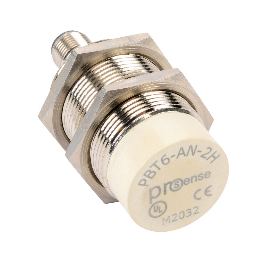 PBT6-AN-2H - ProSense inductive proximity sensor, tubular, 30mm diameter x 67.7mm body, nickel-plated brass housing, NPN, N.O. output, 15mm sensing distance, non-flush, 300 Hz switching frequency, IP67, 4-pin M12 quick-disconnect.