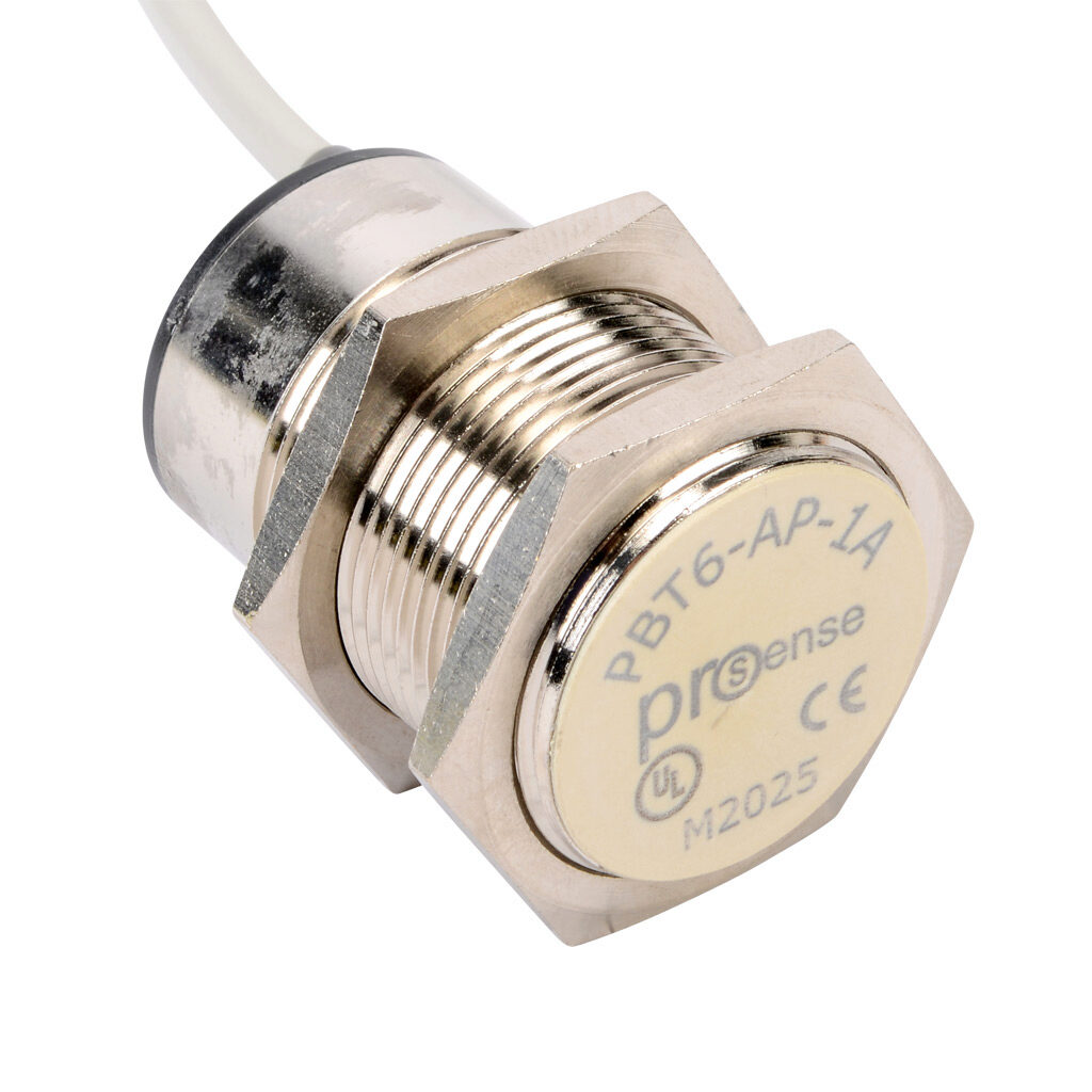 PBT6-AP-1A - ProSense inductive proximity sensor, tubular, 30mm diameter x 49.2mm body, nickel-plated brass housing, PNP, N.O. output, 10mm sensing distance, flush, 300 Hz switching frequency, IP67, pigtail.