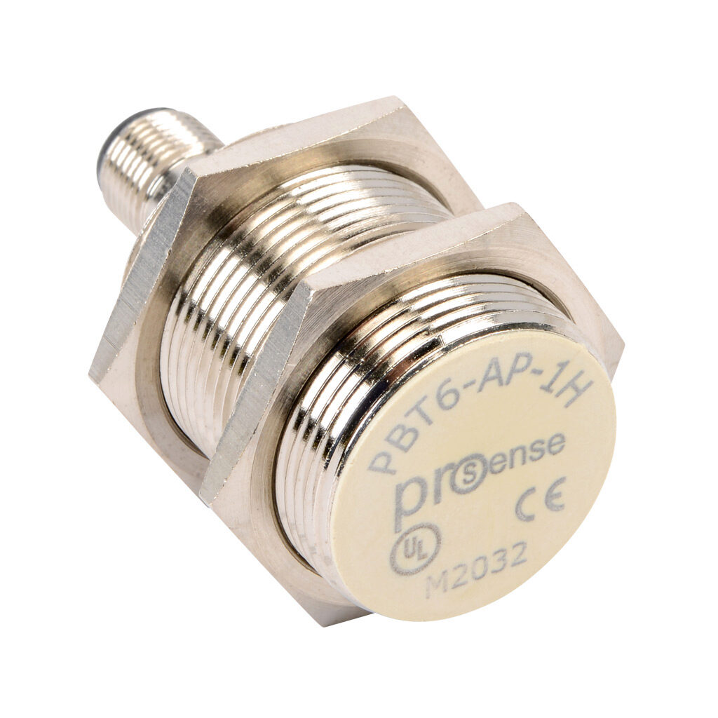PBT6-AP-1H - ProSense inductive proximity sensor, tubular, 30mm diameter x 56.6mm body, nickel-plated brass housing, PNP, N.O. output, 10mm sensing distance, flush, 300 Hz switching frequency, IP67, 4-pin M12 quick-disconnect.