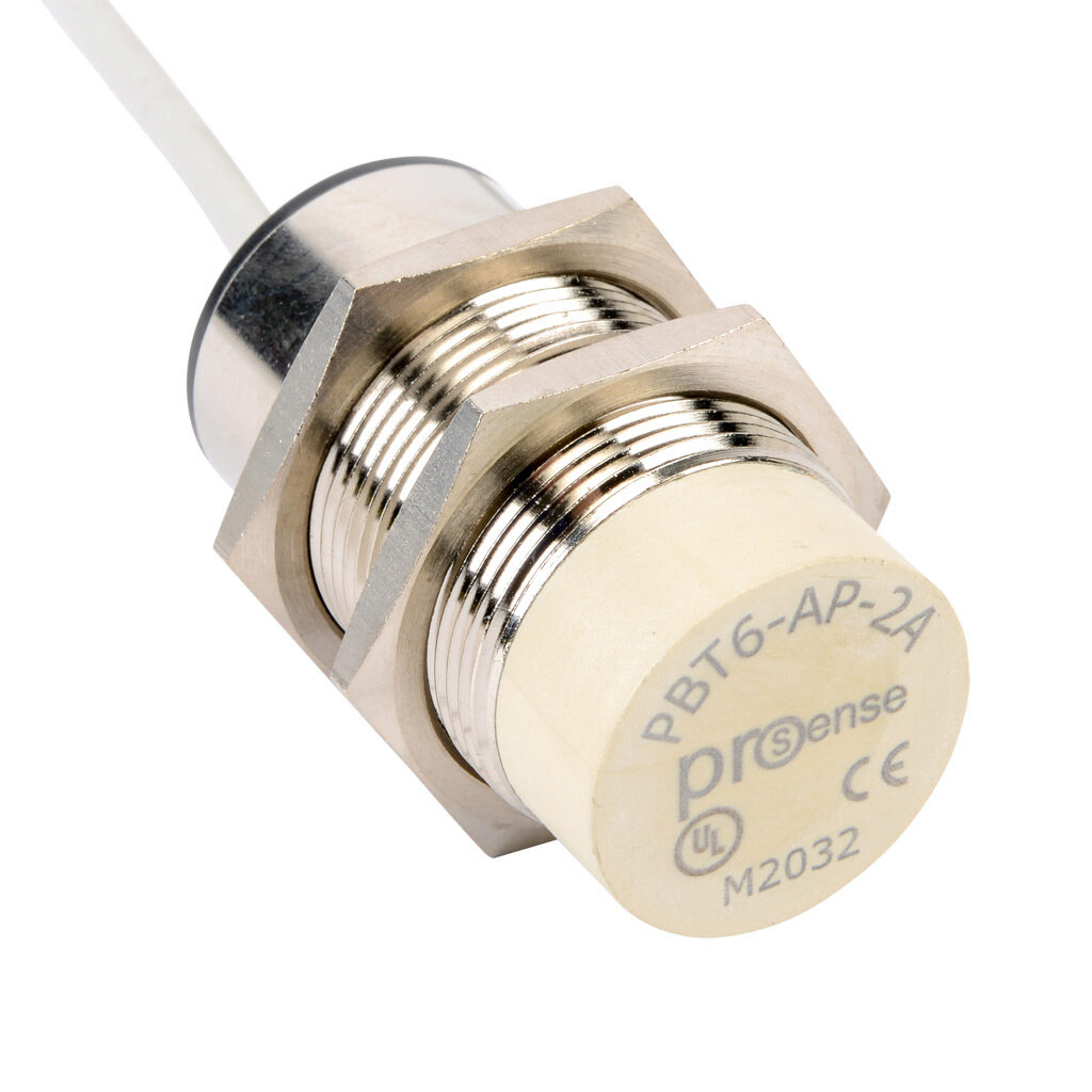 PBT6-AP-2A - ProSense inductive proximity sensor, tubular, 30mm diameter x 49.2mm body, nickel-plated brass housing, PNP, N.O. output, 15mm sensing distance, non-flush, 300 Hz switching frequency, IP67, pigtail.