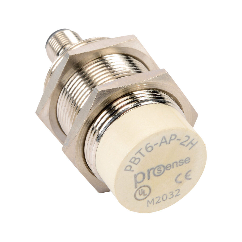 PBT6-AP-2H - ProSense inductive proximity sensor, tubular, 30mm diameter x 56.6mm body, nickel-plated brass housing, PNP, N.O. output, 15mm sensing distance, non-flush, 300 Hz switching frequency, IP67, 4-pin M12 quick-disconnect.