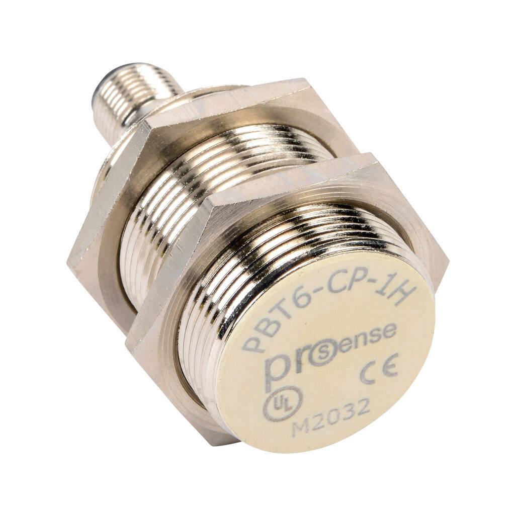 PBT6-CP-1H - ProSense inductive proximity sensor, tubular, 30mm diameter x 60.3mm body, nickel-plated brass housing, PNP, N.C. output, 10mm sensing distance, flush, 300 Hz switching frequency, IP67, 4-pin M12 quick-disconnect.