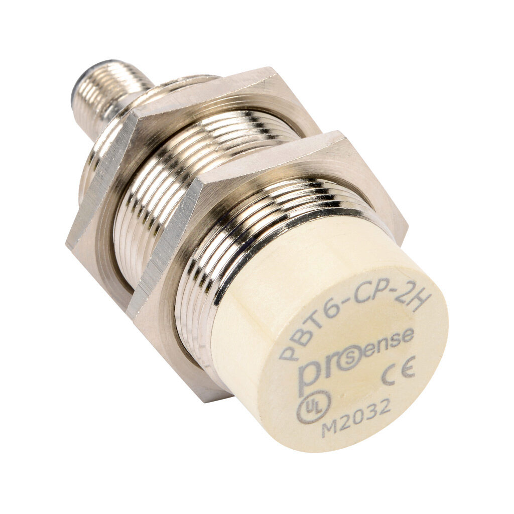 PBT6-CP-2H - ProSense inductive proximity sensor, tubular, 30mm diameter x 60.3mm body, nickel-plated brass housing, PNP, N.C. output, 15mm sensing distance, non-flush, 300 Hz switching frequency, IP67, 4-pin M12 quick-disconnect.