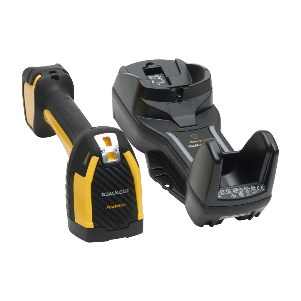 PBT9600-SRRBK10US - Datalogic PowerScan 960X series barcode scanner, 1D and 2D, imager, cordless, Bluetooth communication, USB, rugged duty, 1280 x 800 optical resolution. Scanner with removable battery, base station, USB cable, power brick, and p...