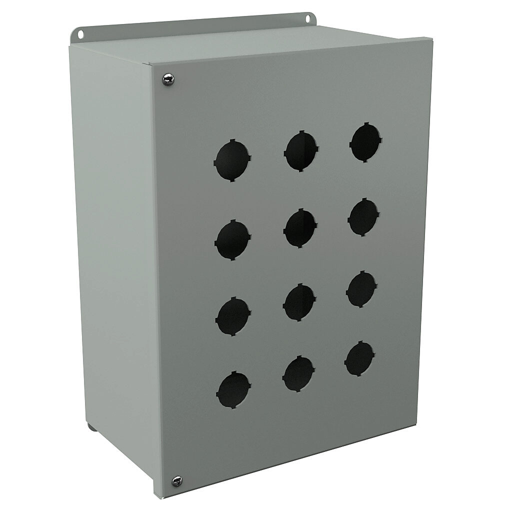 PBYX12 - Wiegmann pushbutton enclosure, 12 holes, 30mm, NEMA 12/13, 14 x 10 x 6in (HxWxD), wall mount, carbon steel, ANSI 61 gray, powder coat finish, hinged screw cover, subpanel included.