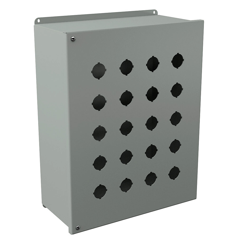 PBYX20 - Wiegmann pushbutton enclosure, 20 holes, 30mm, NEMA 12/13, 16 x 13 x 6in (HxWxD), wall mount, carbon steel, ANSI 61 gray, powder coat finish, hinged screw cover, subpanel included.
