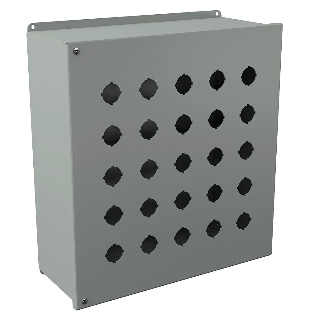 PBYX25 - Wiegmann pushbutton enclosure, 25 holes, 30mm, NEMA 12/13, 16 x 15 x 6in (HxWxD), wall mount, carbon steel, ANSI 61 gray, powder coat finish, hinged screw cover, subpanel included.