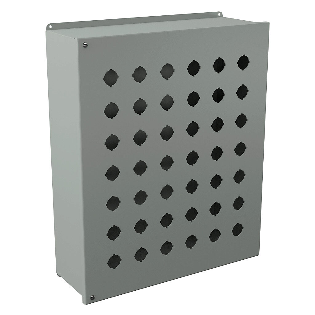PBYX42 - Wiegmann pushbutton enclosure, 42 holes, 30mm, NEMA 12/13, 21 x 18 x 6in (HxWxD), wall mount, carbon steel, ANSI 61 gray, powder coat finish, hinged screw cover, subpanel included.