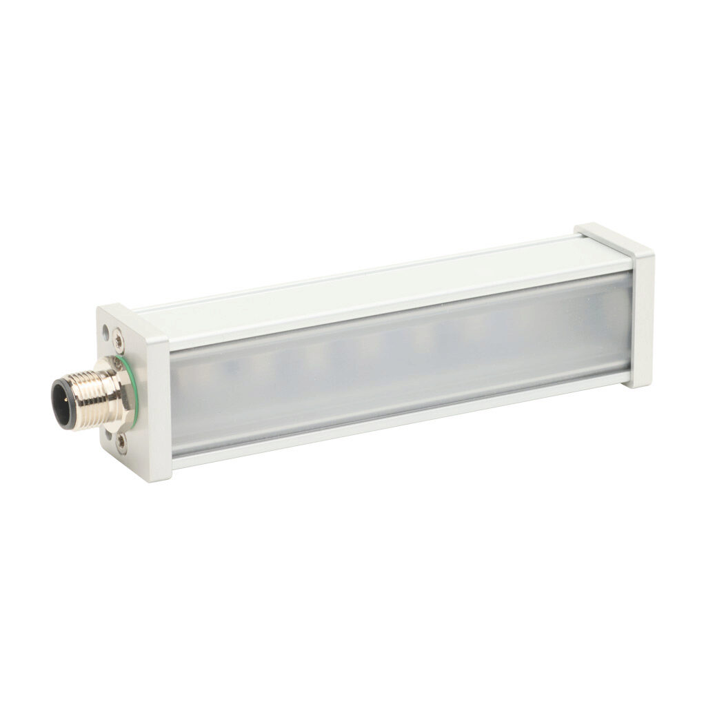 PD01PF5CY - Lumher PD machine vision lighting, bar light, infrared light emission, plus or minus 30 degrees, 90mm luminous field, continuous, 134 x 42 x 29.5mm housing, 22.8-25.2 VDC operating voltage.