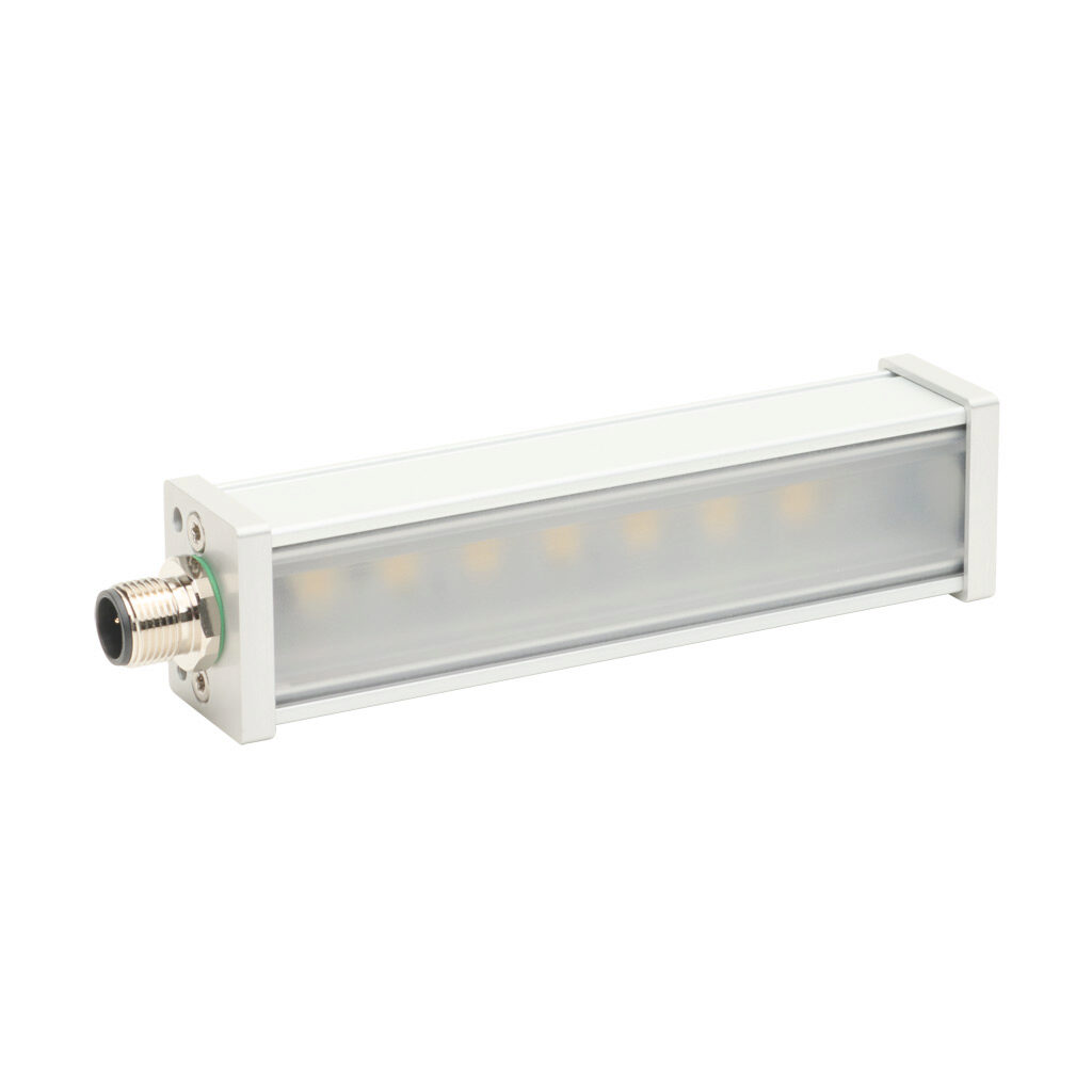 PD01ZD5CY - Lumher PD machine vision lighting, bar light, white light emission, 5000K, plus or minus 30 degrees, 90mm luminous field, continuous and strobe, 134 x 31 x 25mm housing, 22.8-25.2 VDC operating voltage.
