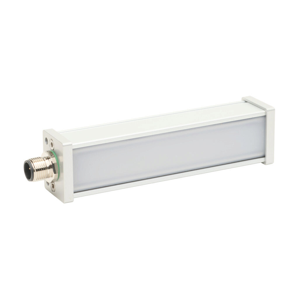 PD01ZD5UY - Lumher PD machine vision lighting, bar light, white light emission, 5000K, plus or minus 55 degrees, 90mm luminous field, continuous and strobe, 134 x 31 x 25mm housing, 22.8-25.2 VDC operating voltage.