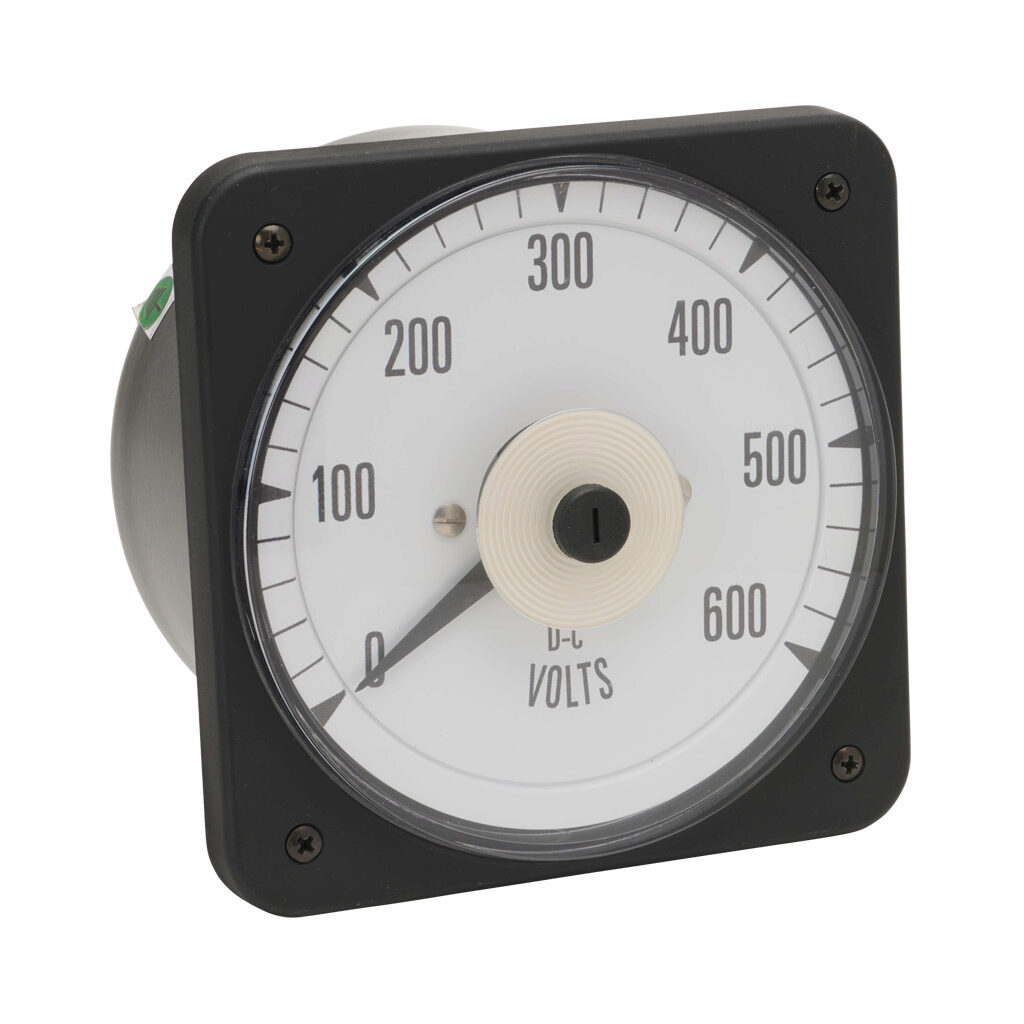 PK-103-011-SJSJ - Sifam Tinsley MCS switchboard meter, 4.5in analog dial display, 0-600 VDC, voltage input, self contained, pivot and jewel, round 4-hole mount.