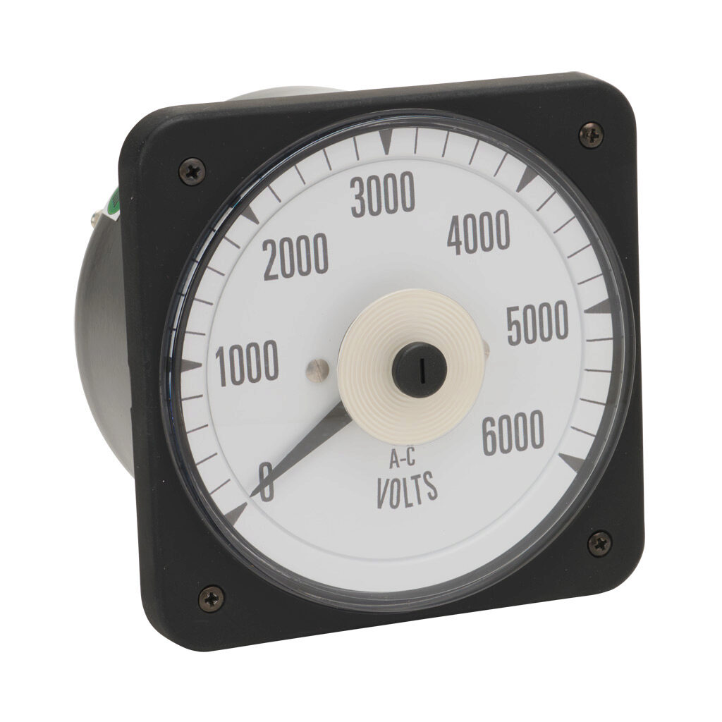 PK-103-021-PZUP-C7 - Sifam Tinsley MCS switchboard meter, 4.5in analog dial display, 0-6000 VAC, voltage input, transformer rated, pivot and jewel, round 4-hole mount.