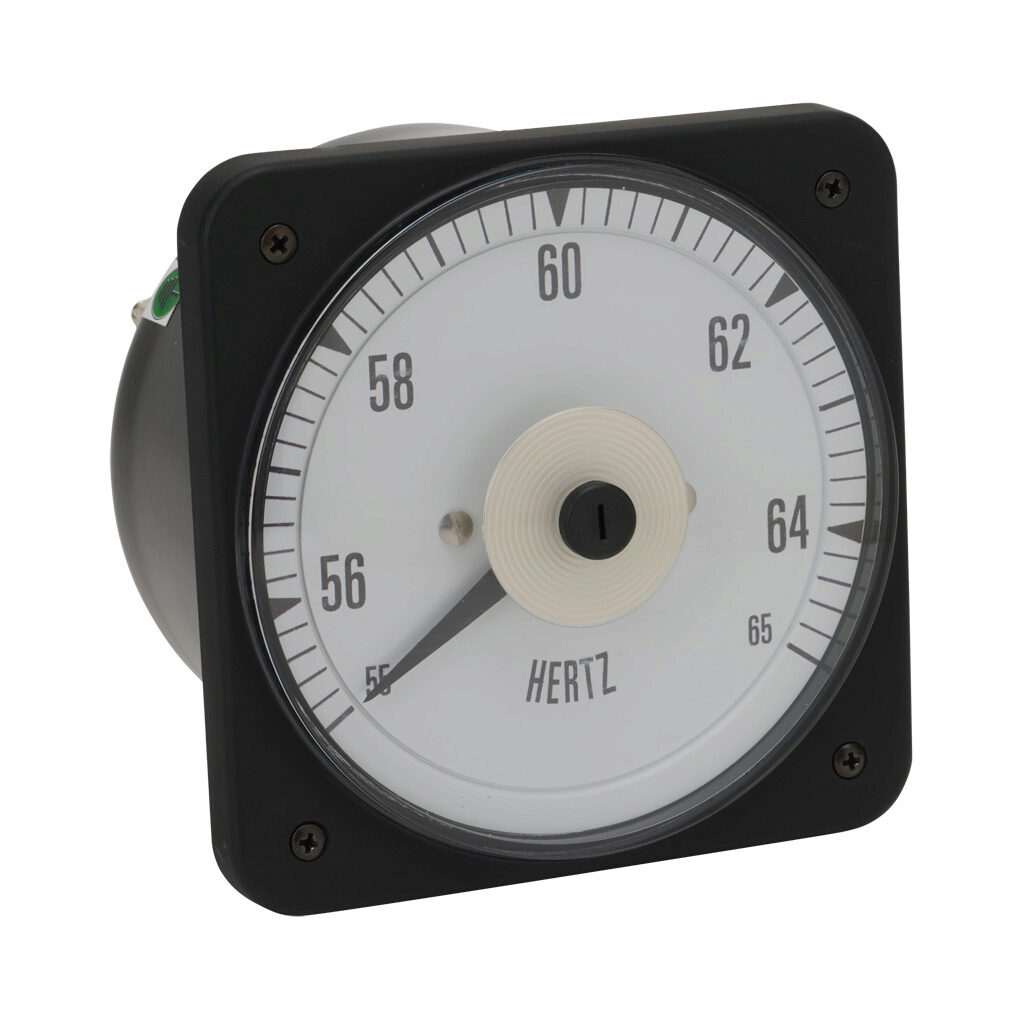 PK-103-372-PNAN-AN - Sifam Tinsley MCS switchboard meter, 4.5in analog dial display, 55-65Hz, frequency input, self contained, pivot and jewel, round 4-hole mount.