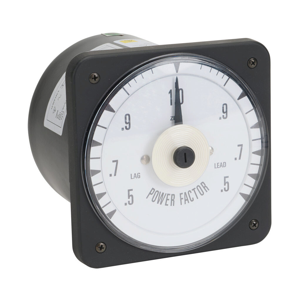 PK-103-402-FEAD-C6 - Sifam Tinsley MCS switchboard meter, 4.5in analog dial display, 0.5-1-0.5 power factor, 3-phase voltage and current input, transformer rated, pivot and jewel, round 4-hole mount.