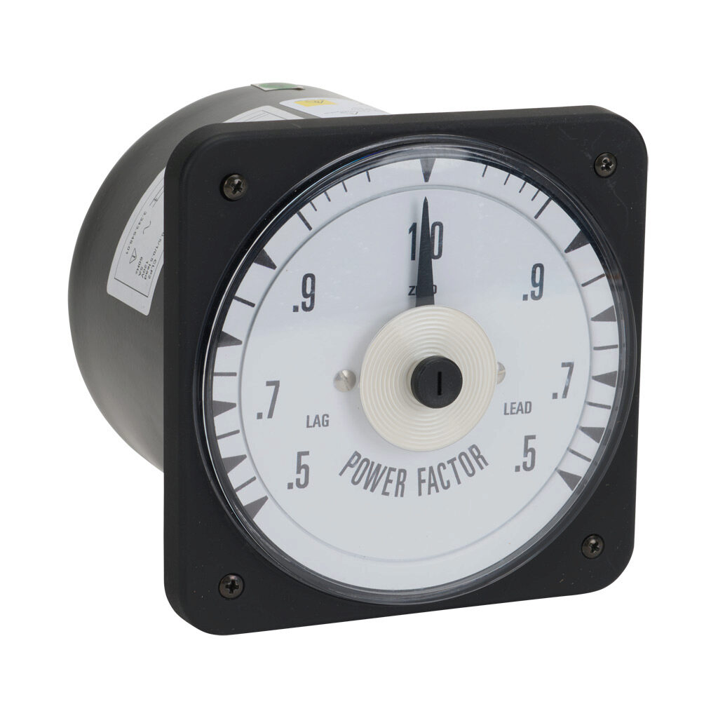 PK-103-412-FCAD-C6 - Sifam Tinsley MCS switchboard meter, 4.5in analog dial display, 0.5-1-0.5 power factor, 1-phase voltage and current input, self contained, pivot and jewel, round 4-hole mount.
