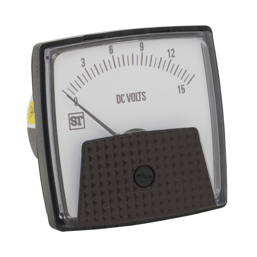 PK-250-220-NDND - Sifam Tinsley Smartlook panel meter, 2.5in analog dial display, 0-15 VDC, voltage input, self contained, moving coil, round 3-hole mount.