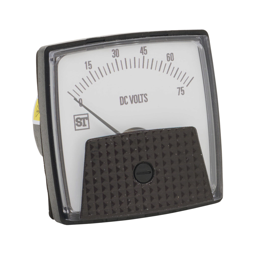 PK-250-220-PBPB - Sifam Tinsley Smartlook panel meter, 2.5in analog dial display, 0-75 VDC, voltage input, self contained, moving coil, round 3-hole mount.