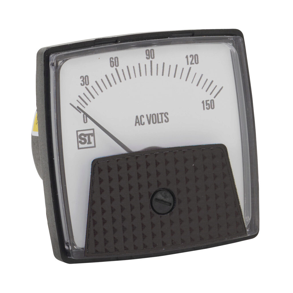 PK-250-244-PZPZ - Sifam Tinsley Smartlook panel meter, 2.5in analog dial display, 0-150 VAC, voltage input, self contained, moving iron, round 3-hole mount.