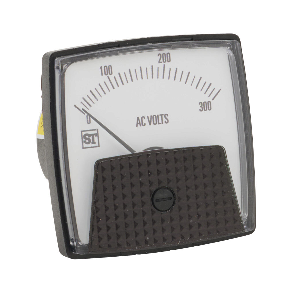 PK-250-244-PZRX - Sifam Tinsley Smartlook panel meter, 2.5in analog dial display, 0-300 VAC, voltage input, transformer rated, moving iron, round 3-hole mount.