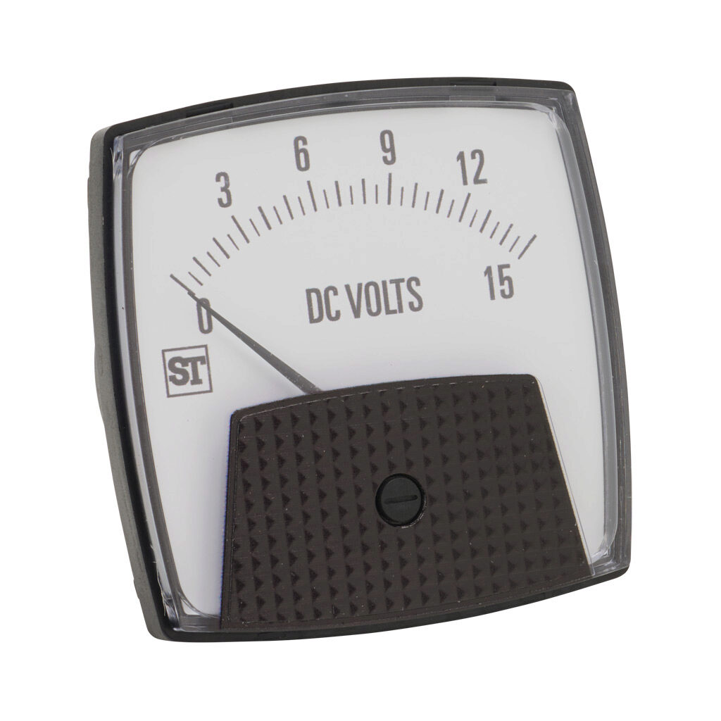 PK-250-320-NDND - Sifam Tinsley Smartlook panel meter, 3.5in analog dial display, 0-15 VDC, voltage input, self contained, moving coil, round 3-hole mount.