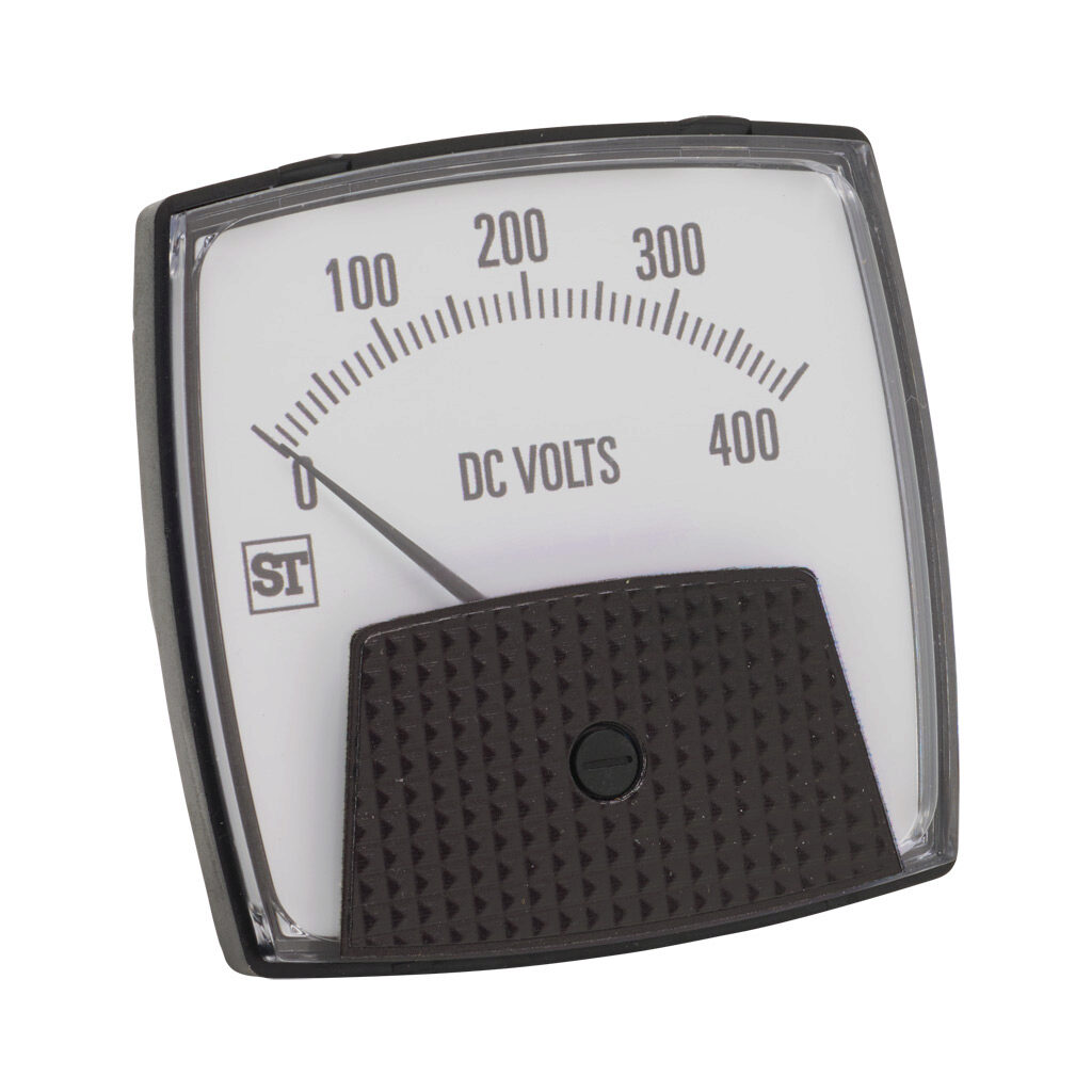 PK-250-320-SCSC - Sifam Tinsley Smartlook panel meter, 3.5in analog dial display, 0-400 VDC, voltage input, self contained, moving coil, round 3-hole mount.