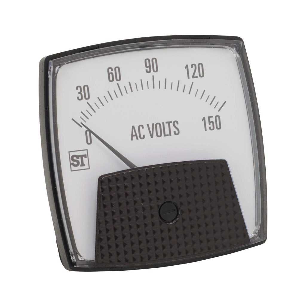 PK-250-344-PZPZ - Sifam Tinsley Smartlook panel meter, 3.5in analog dial display, 0-150 VAC, voltage input, self contained, moving iron, round 3-hole mount.