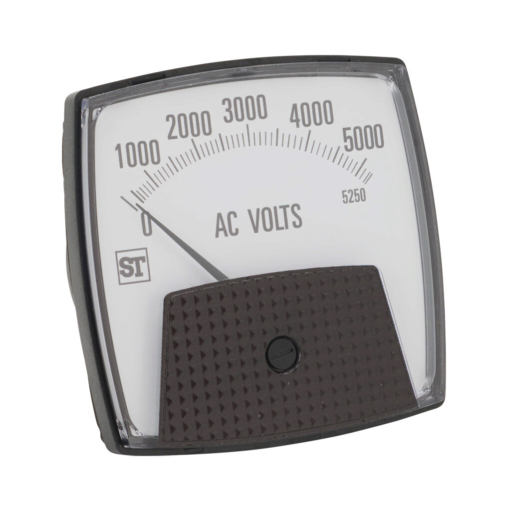 PK-250-344-PZUL - Sifam Tinsley Smartlook panel meter, 3.5in analog dial display, 0-5250 VAC, voltage input, transformer rated, moving iron, round 3-hole mount.