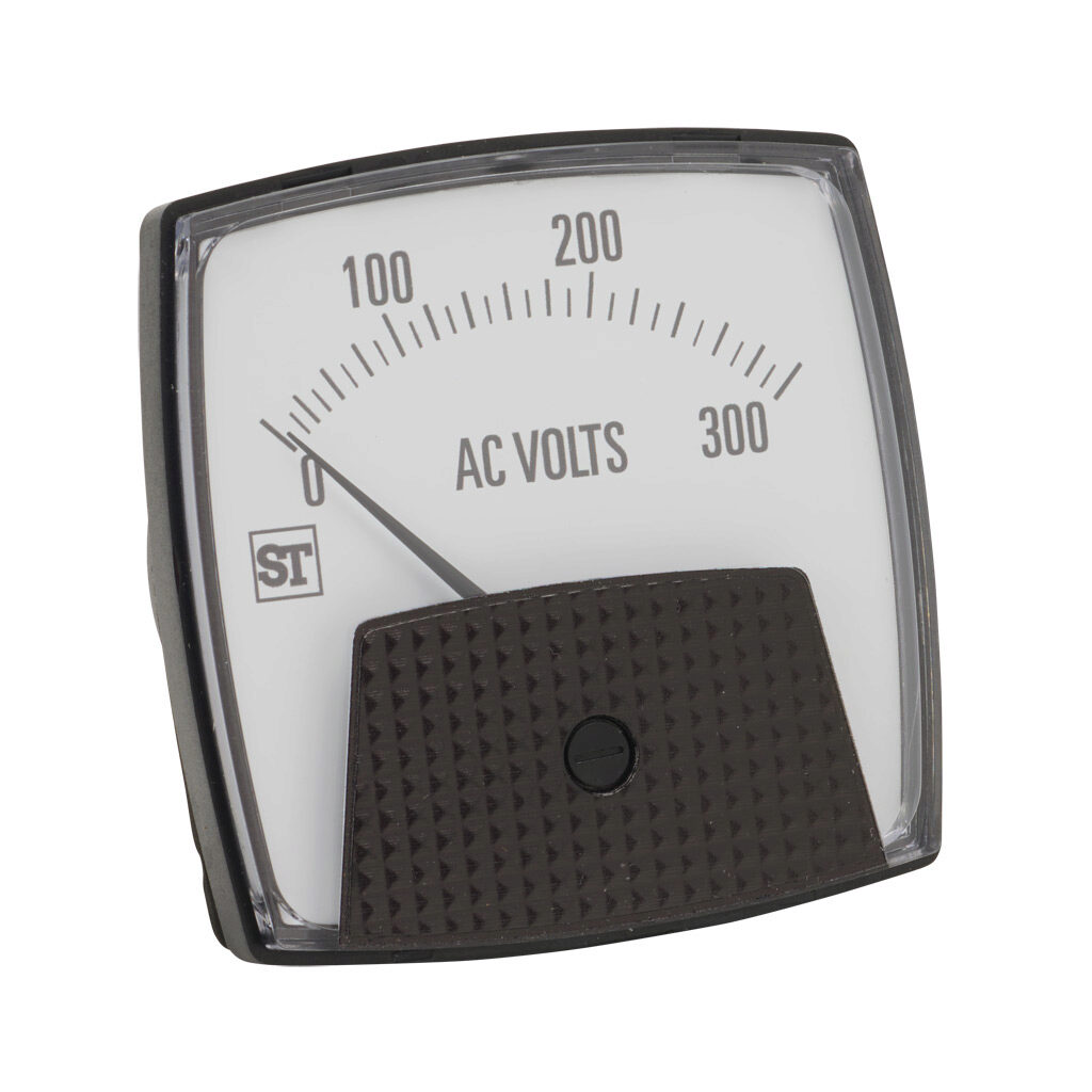 PK-250-344-RXRX - Sifam Tinsley Smartlook panel meter, 3.5in analog dial display, 0-300 VAC, voltage input, self contained, moving iron, round 3-hole mount.