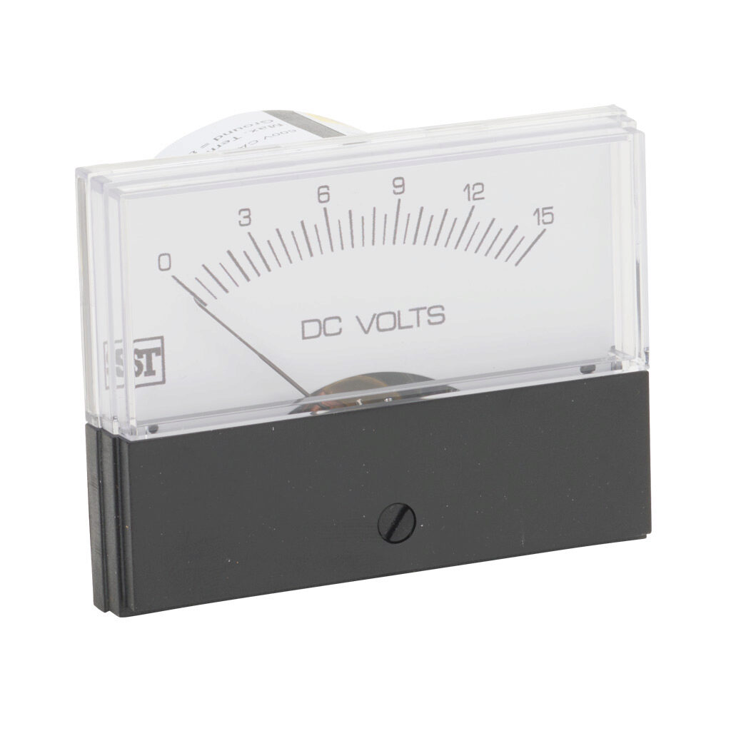 PK-260-220-NDND - Sifam Tinsley Contender panel meter, 2.5in analog dial display, 0-15 VDC, voltage input, self contained, moving coil, round 4-hole mount.