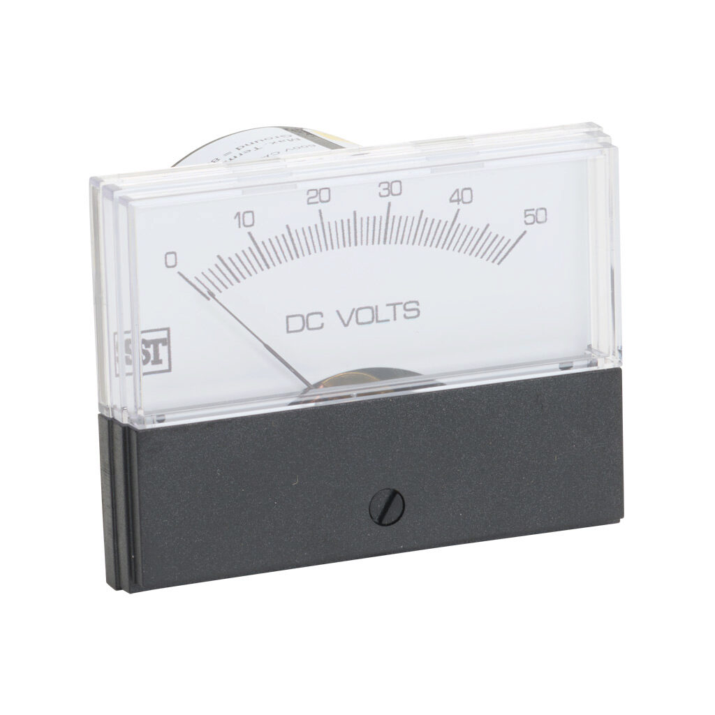 PK-260-220-NTNT - Sifam Tinsley Contender panel meter, 2.5in analog dial display, 0-50 VDC, voltage input, self contained, moving coil, round 4-hole mount.