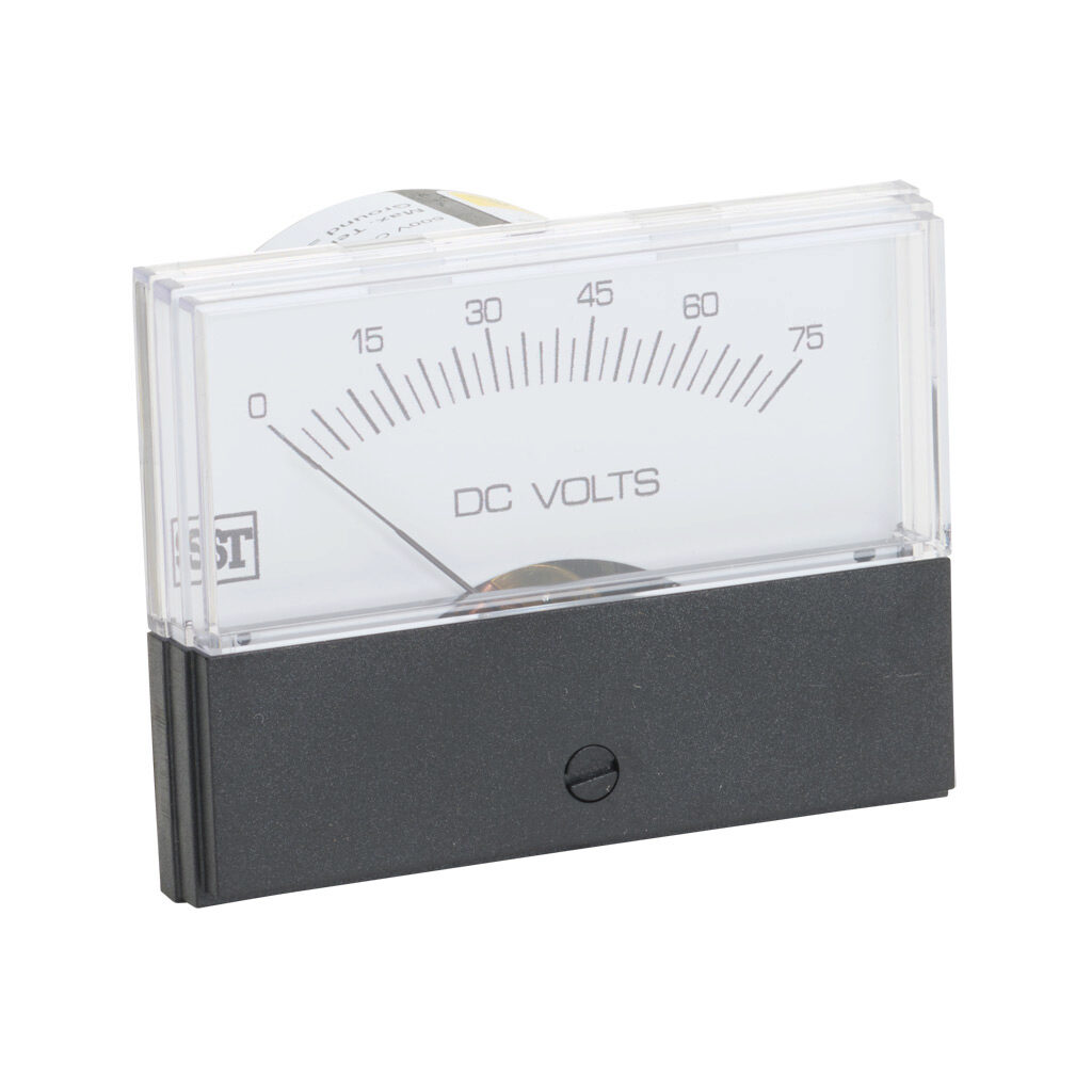 PK-260-220-PBPB - Sifam Tinsley Contender panel meter, 2.5in analog dial display, 0-75 VDC, voltage input, self contained, moving coil, round 4-hole mount.
