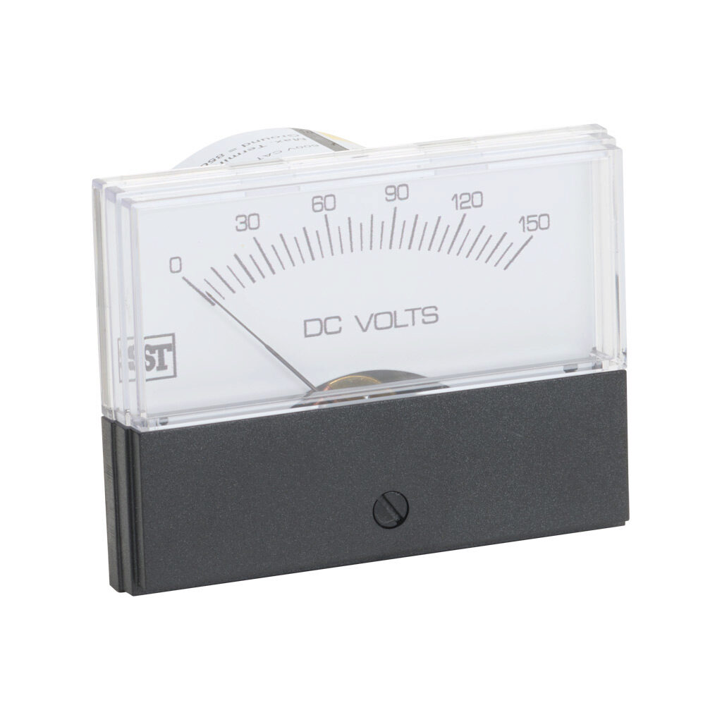 PK-260-220-PZPZ - Sifam Tinsley Contender panel meter, 2.5in analog dial display, 0-150 VDC, voltage input, self contained, moving coil, round 4-hole mount.