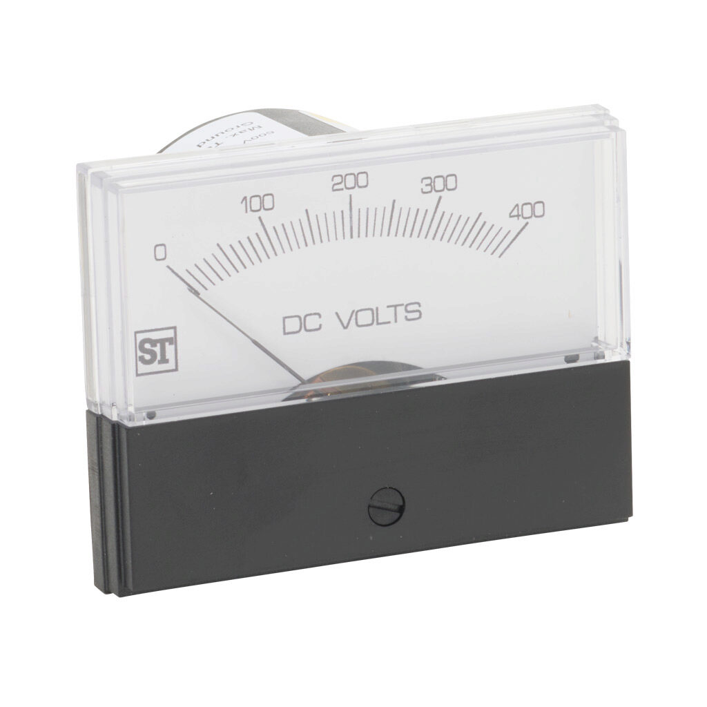 PK-260-220-SCSC - Sifam Tinsley Contender panel meter, 2.5in analog dial display, 0-400 VDC, voltage input, self contained, moving coil, round 4-hole mount.