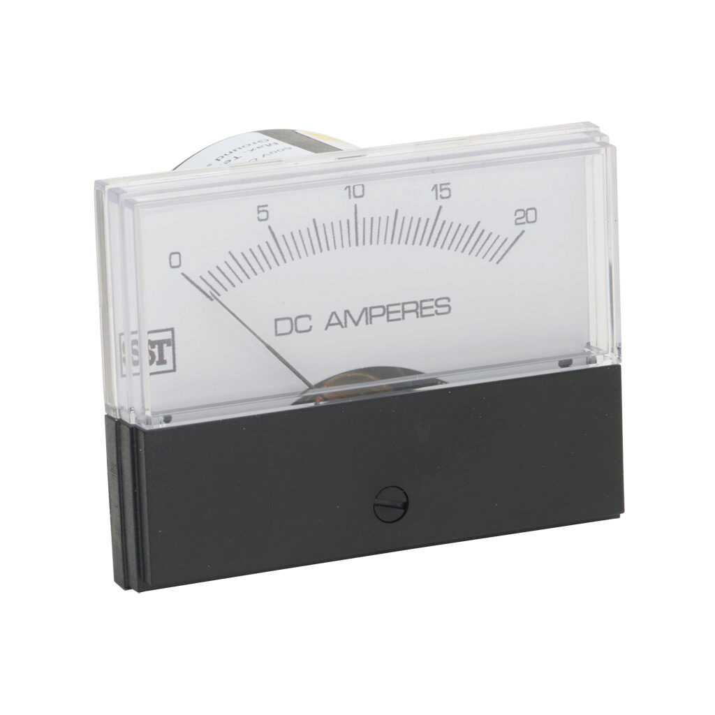 PK-260-224-ECNG - Sifam Tinsley Contender panel meter, 2.5in analog dial display, 0-20A DC, voltage input, shunt rated, moving coil, round 4-hole mount.