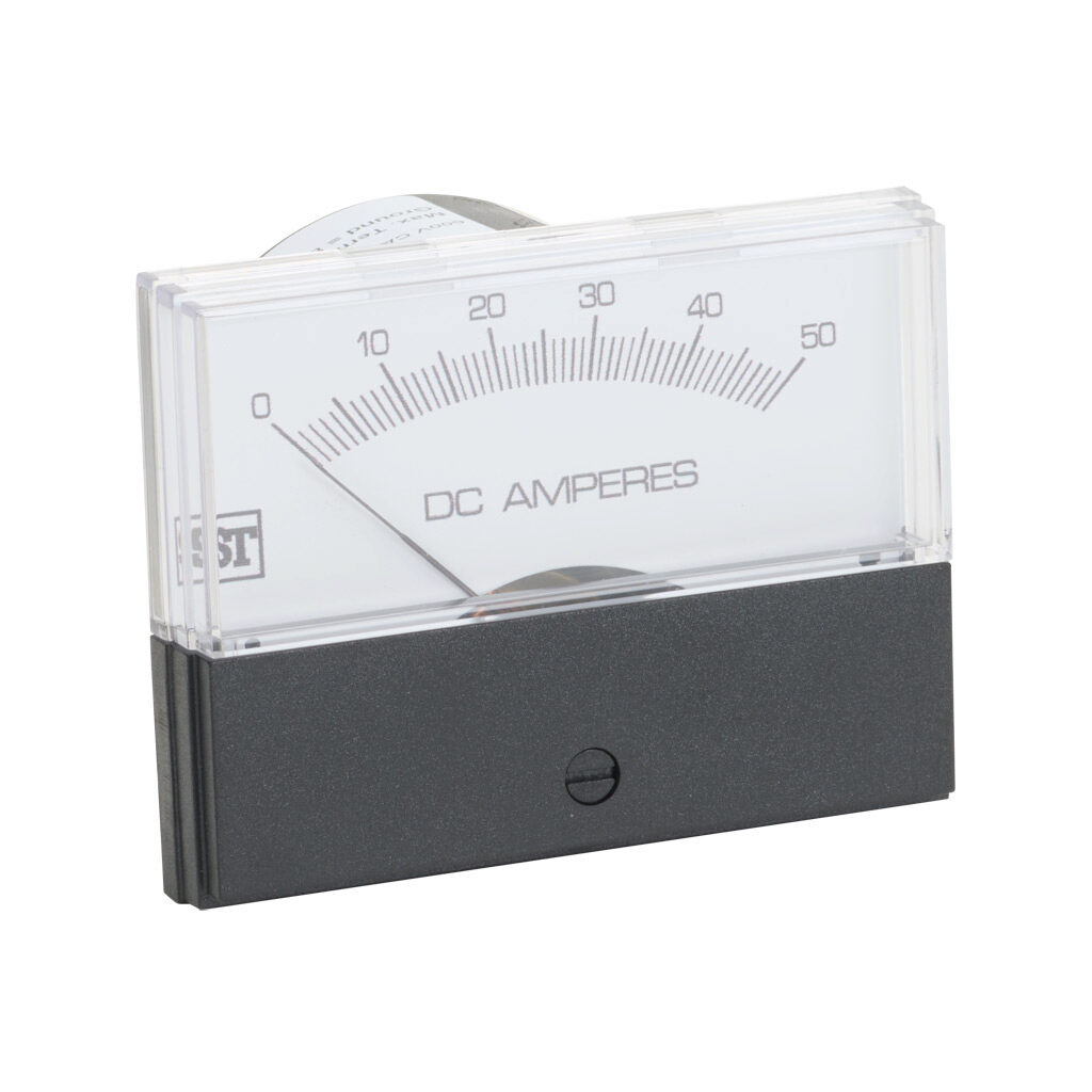 PK-260-224-ECNT - Sifam Tinsley Contender panel meter, 2.5in analog dial display, 0-50A DC, voltage input, shunt rated, moving coil, round 4-hole mount.