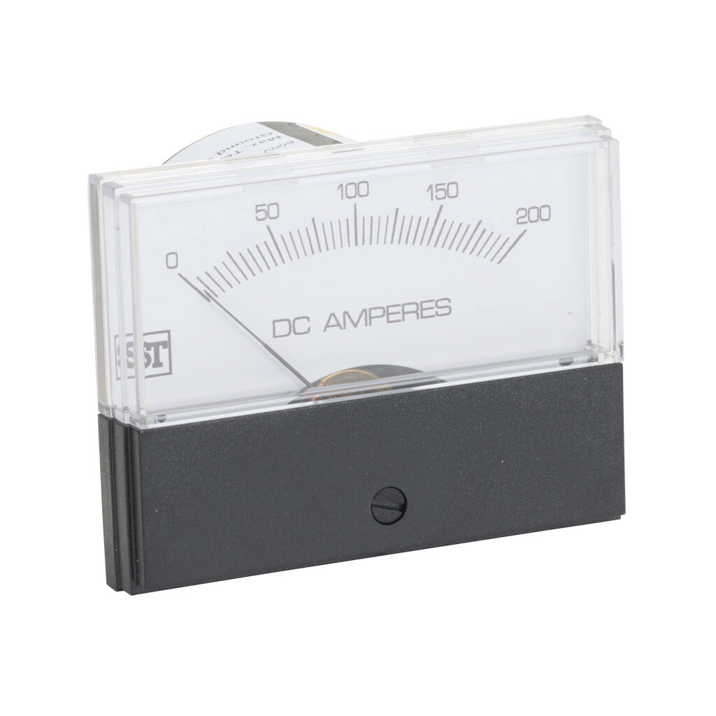 PK-260-224-ECRL - Sifam Tinsley Contender panel meter, 2.5in analog dial display, 0-200A DC, voltage input, shunt rated, moving coil, round 4-hole mount.