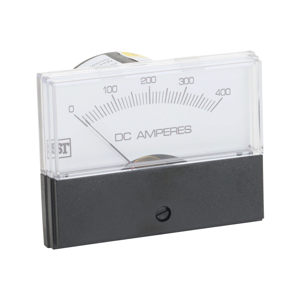 PK-260-224-ECSC - Sifam Tinsley Contender panel meter, 2.5in analog dial display, 0-400A DC, voltage input, shunt rated, moving coil, round 4-hole mount.