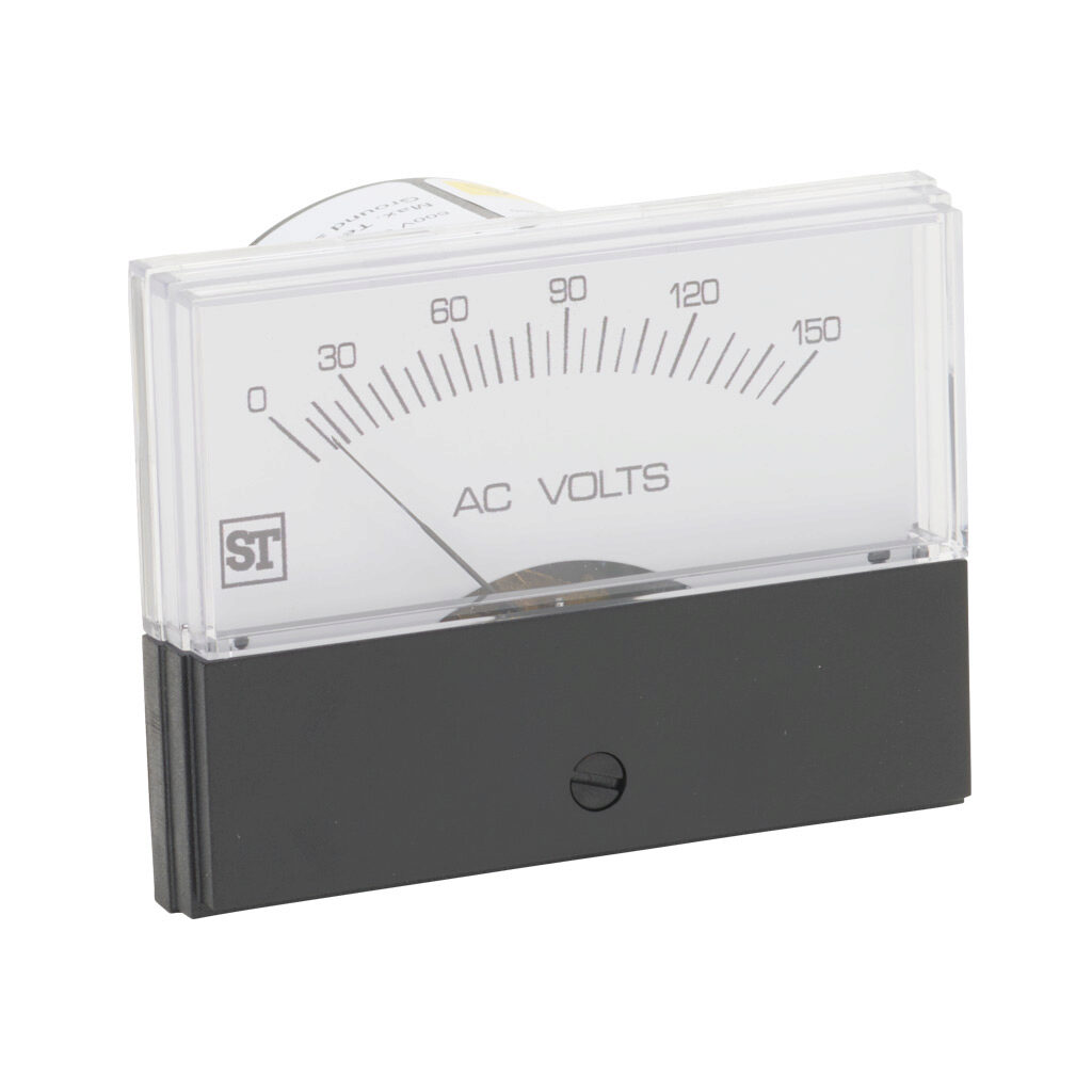 PK-260-244-PZPZ - Sifam Tinsley Contender panel meter, 2.5in analog dial display, 0-150 VAC, voltage input, self contained, moving iron, round 4-hole mount.
