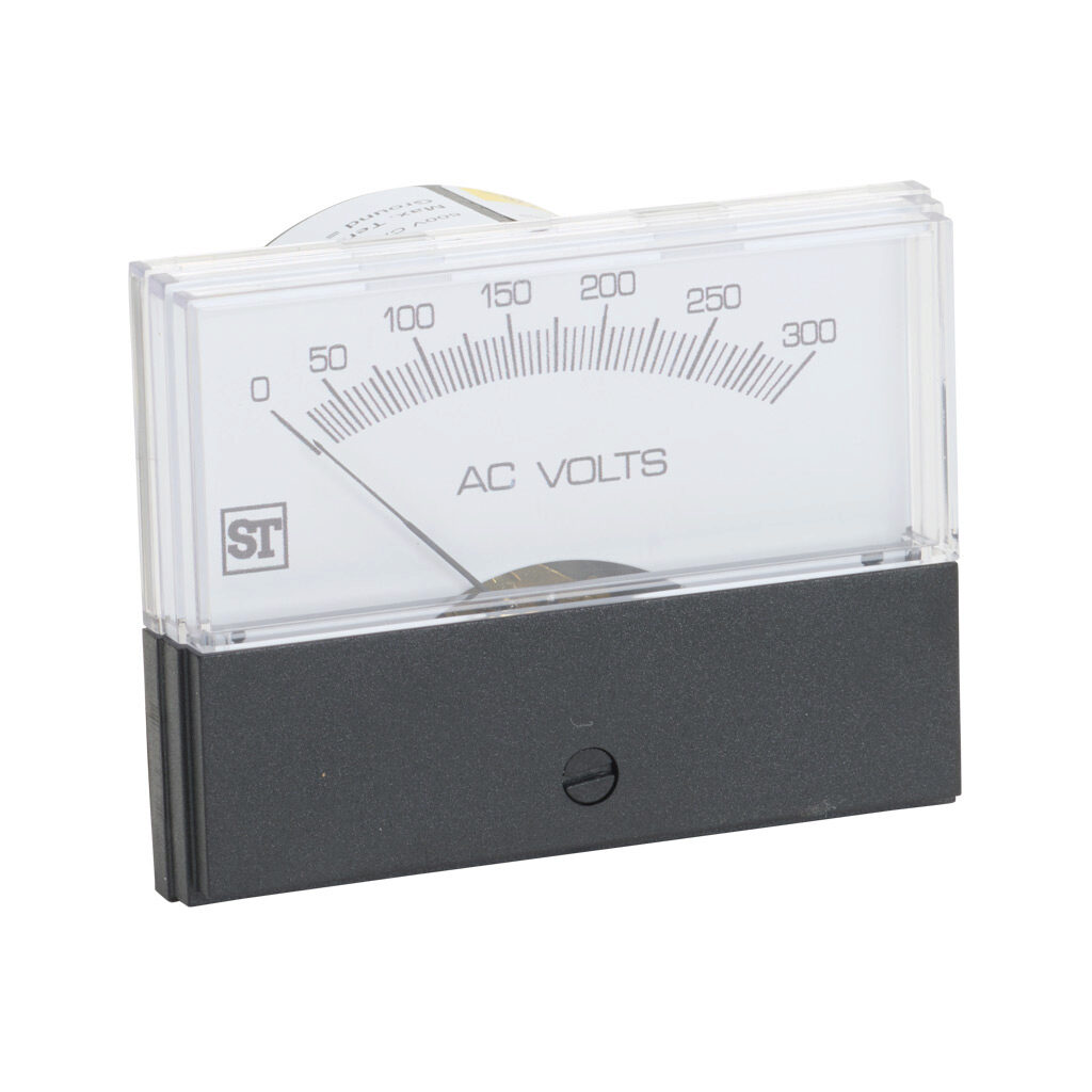 PK-260-244-RXRX - Sifam Tinsley Contender panel meter, 2.5in analog dial display, 0-300 VAC, voltage input, self contained, moving iron, round 4-hole mount.